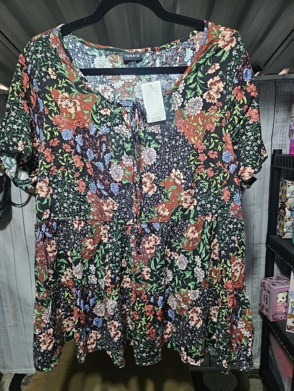 Torrid Black Floral V-Neck Ruffled Tunic with Red and Green Accents - Picture 3 of 4